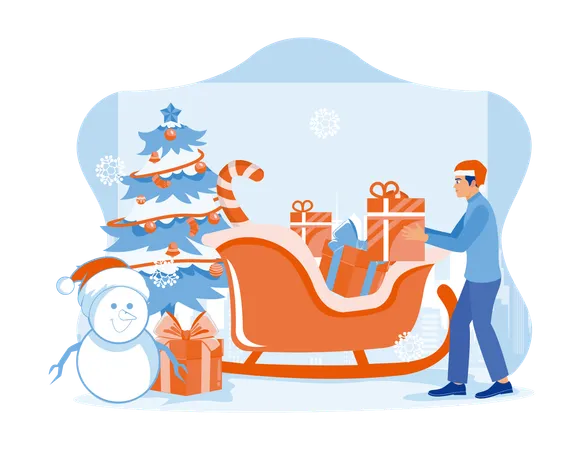 Adult men put Christmas gifts in Santa's sleigh  Illustration