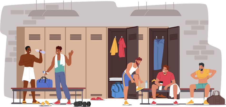 Adult sportsmen in sports locker room Illustration