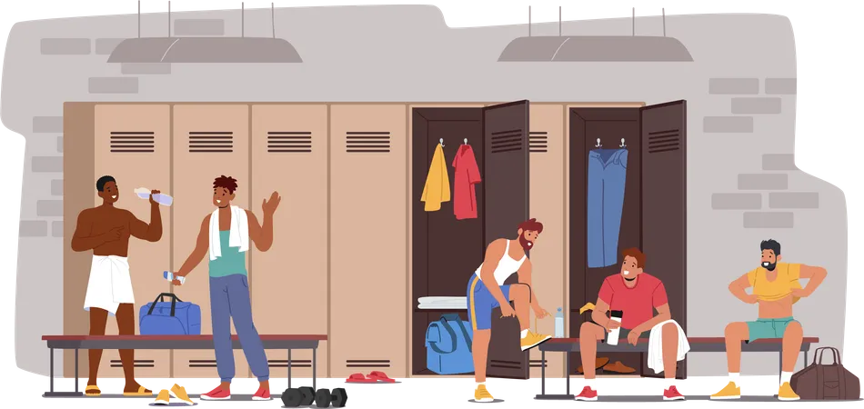 Adult sportsmen in sports locker room Illustration