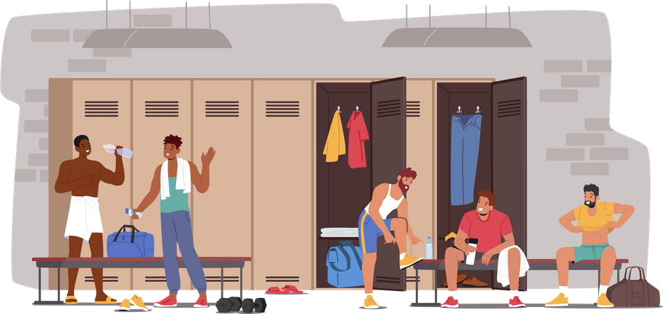 Adult sportsmen in sports locker room  Illustration