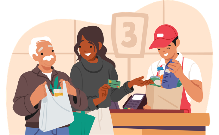 Adult woman and senior man in queue using cashless payment service at counter desk in supermarket  Illustration