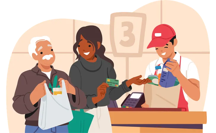 Adult woman and senior man in queue using cashless payment service at counter desk in supermarket  Illustration