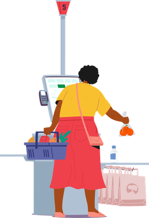 Adult woman housewife customer doing shopping at supermarket self-service kiosk  Illustration