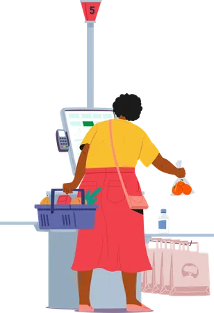 Adult woman housewife customer doing shopping at supermarket self-service kiosk  Illustration