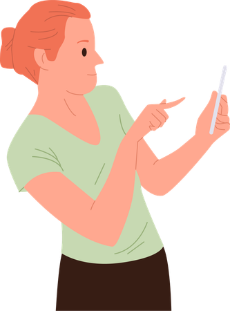 Adult woman taking selfie shot on mobile camera pointing finger at phone screen  Illustration