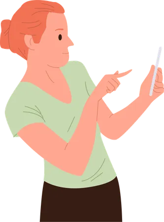 Adult woman taking selfie shot on mobile camera pointing finger at phone screen  Illustration