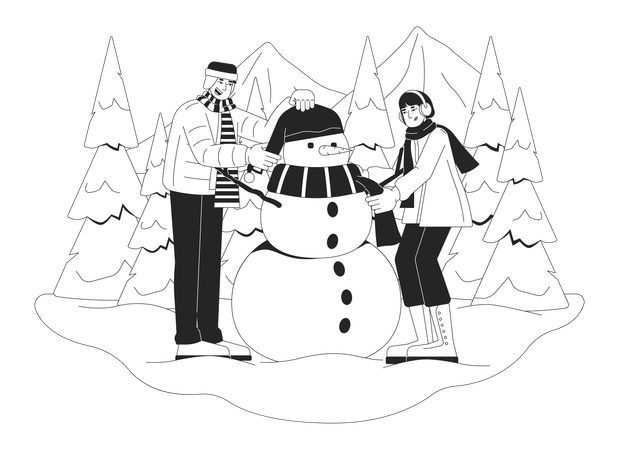 Des adultes construisent un bonhomme de neige  Illustration