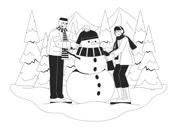 Des adultes construisent un bonhomme de neige  Illustration