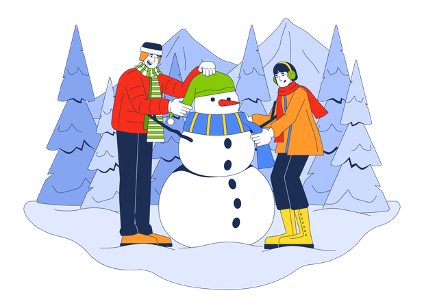 Adultos construindo boneco de neve  Ilustração