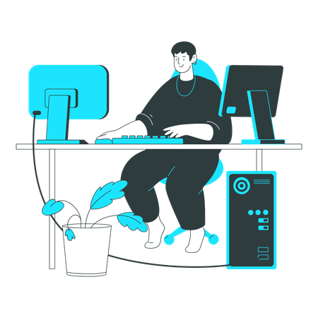Advanced programmer at a workstation at a PC  Illustration