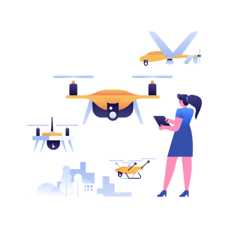 Advanced quadcopters and UAVs operated by woman using tablet  Illustration