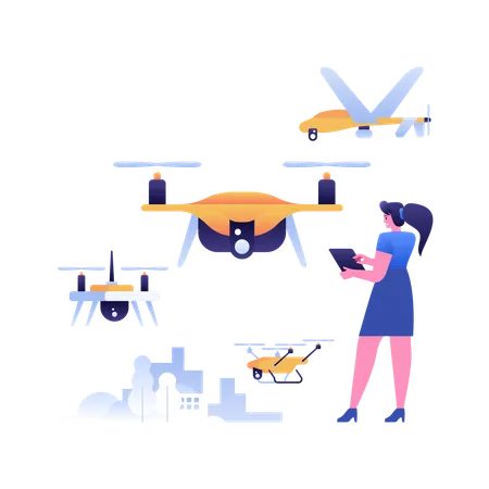 Advanced quadcopters and UAVs operated by woman using tablet  Illustration