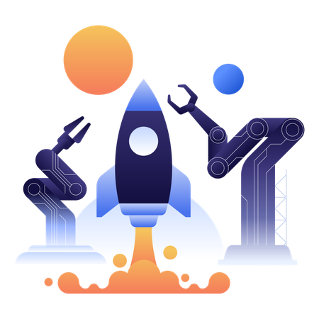 Advanced robotic arms and rockets symbolize the new era of space exploration  Illustration