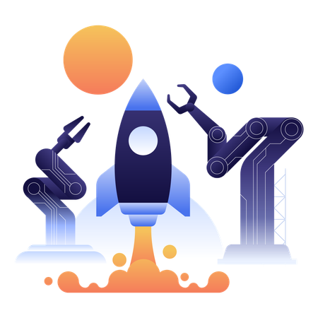 Advanced robotic arms and rockets symbolize the new era of space exploration  Illustration