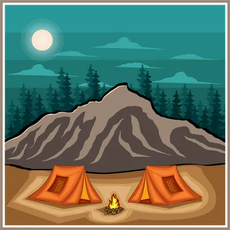 Adventure Camping Time Retro Design Landscape Illustration