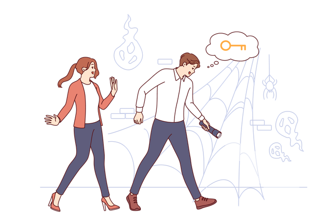 Adventure quest game in scary basement with cobwebs and ghosts for cheerful man and woman  Illustration