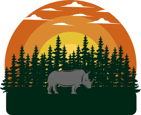 Adventure Rhino Retro Design Landscape Illustration