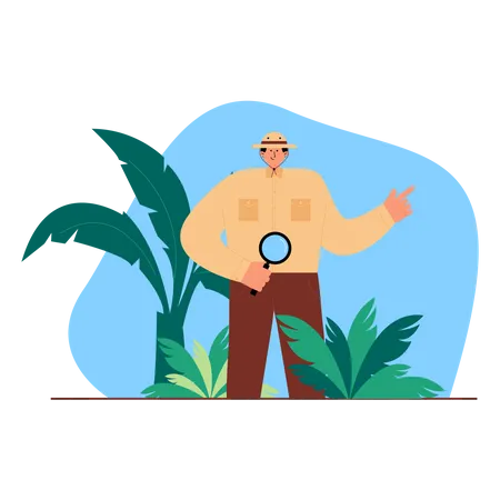Adventurer holding magnifier glass Illustration