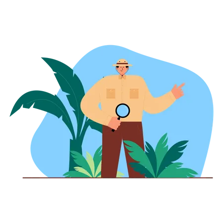 Adventurer holding magnifier glass  Illustration