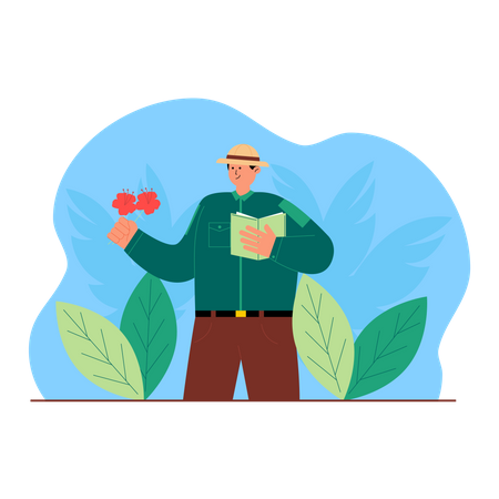 Adventurer holding wild Flower and book  Illustration