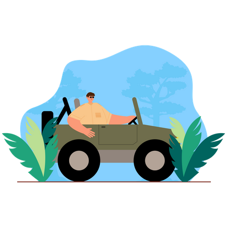 Adventurer riding on jeep in jungle Illustration