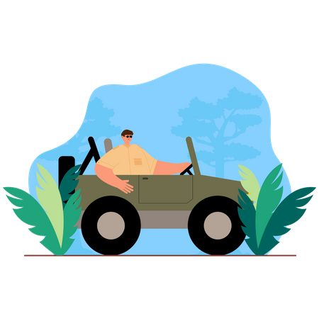 Adventurer riding on jeep in jungle  Illustration