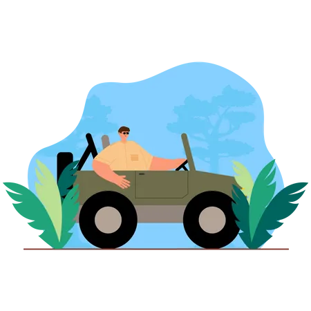 Adventurer riding on jeep in jungle  Illustration