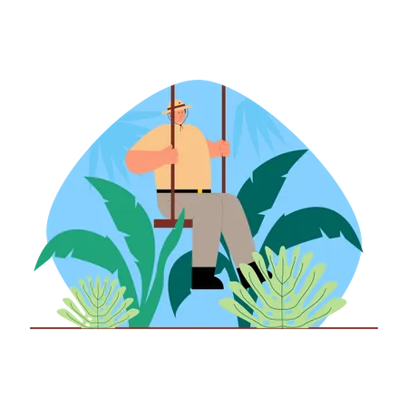 Adventurer swing in jungle  Illustration