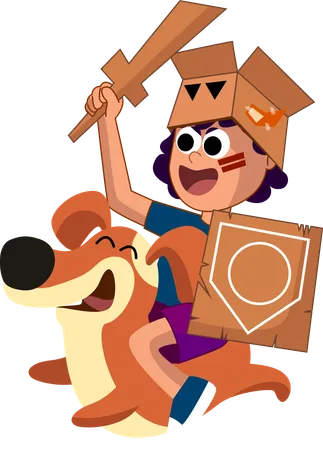 An Illustration Of A Child And A Dog Both In Makeshift Cardboard Armor Playing And Pretending Highlighting The Imaginative And Adventurous Spirit Of Children Illustration
