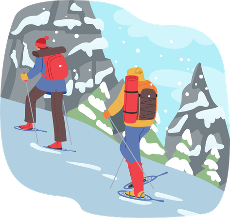 Adventurous Embrace Hike Snowy Mountains  Illustration