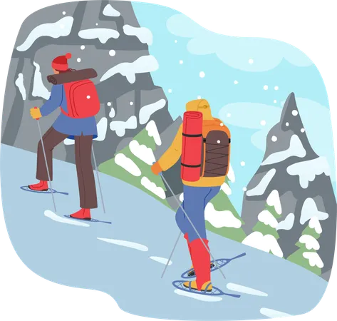 Adventurous Characters Embrace The Chill Donning Warm Gear To Hike Snowy Mountains Amidst Snowflakes And Serene Vistas They Conquer The Winter Wilderness Cartoon People Vector Illustration Illustration