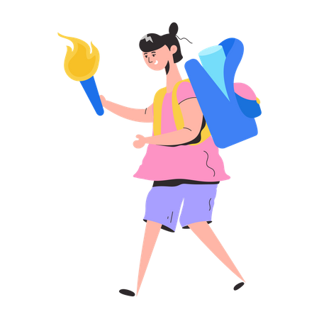 Adventurous girl with backpack and fire torch  Illustration
