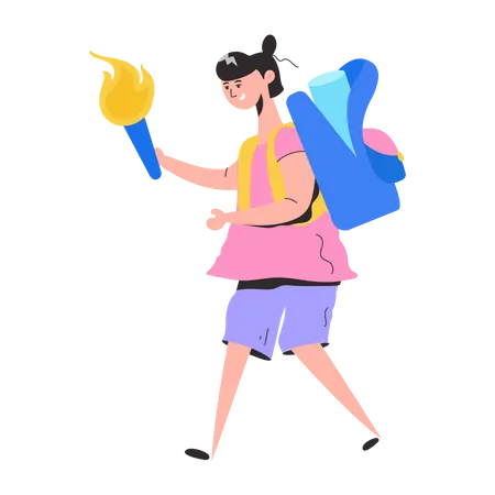 Adventurous Girl With A Backpack And Fire Torch Flat Illustration Illustration