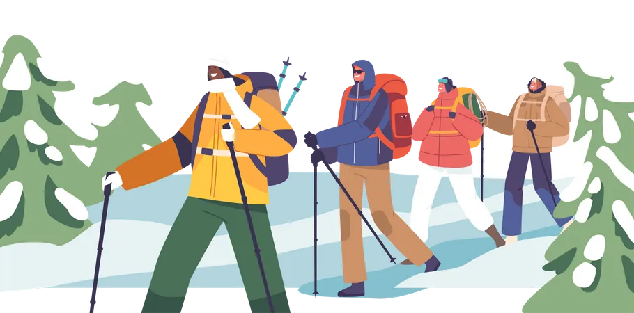 Adventurous Group Of Climbers Backpacks In Tow Scaling Majestic Peaks Chasing The Thrill Of The Summit And Forging Unforgettable Memories In The Heart Of Nature Grandeur Vector Illustration Illustration