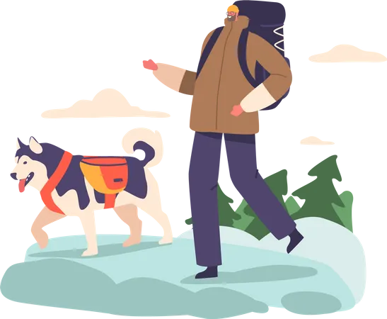 Adventurous Man Conquers Mountains Accompanied By His Faithful Four Legged Companion Characters Exploring Breathtaking Trails And Embracing The Beauty Of Nature Cartoon People Vector Illustration Illustration
