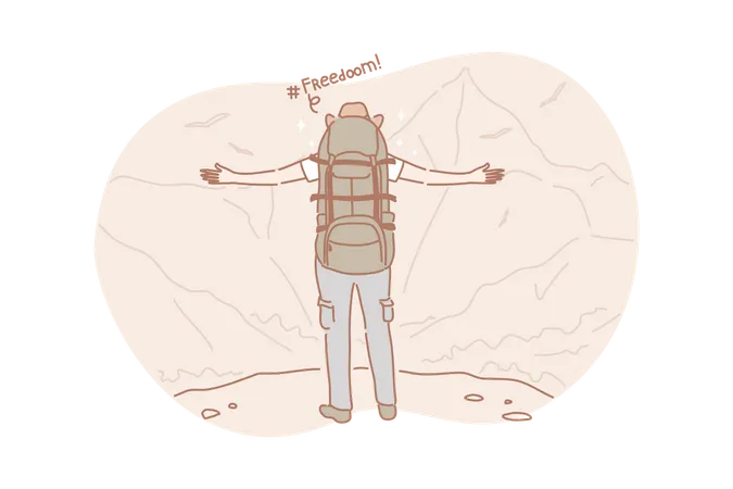 Freedom Travel Hiking Concept Active Adventurous Man With Backpack Boy Hiker Traveller Or Explorer Standing On Top Of Mountain Or Cliff Feeling Freedom And Looking On Valley Simple Flat Vector Illustration