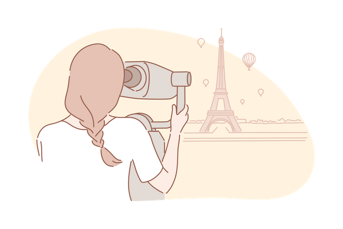 Adventurous woman traveller looks at Eiffel tower.  일러스트레이션