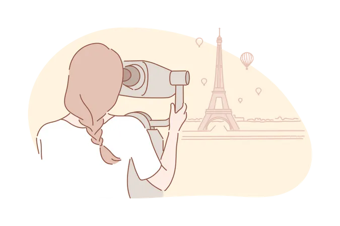 Adventurous woman traveller looks at Eiffel tower.  Illustration