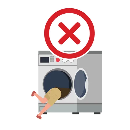 Concepto De Lavanderia Advertencia No Se Suba A La Lavadora No Hagas Esto Marca X Equivocado Ilustración