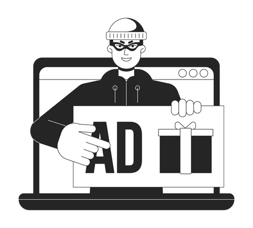 Advertising Fraud On Laptop Bw Concept Vector Spot Illustration Cyber Thief Intruder 2 D Cartoon Flat Line Monochromatic Character For Web UI Design Editable Isolated Outline Hero Image Illustration