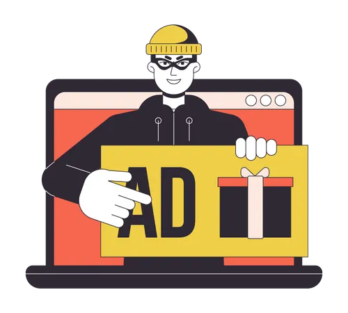 Advertising Fraud Laptop Flat Line Concept Vector Spot Illustration Cyber Thief Click On Prize Intruder 2 D Cartoon Outline Character On White For Web UI Design Editable Isolated Color Hero Image Illustration