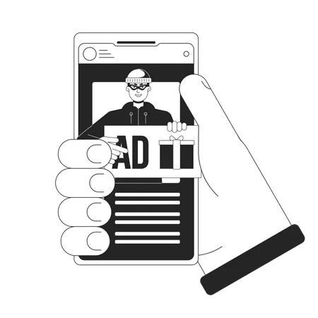 Advertising Fraud On Smartphone Bw Concept Vector Spot Illustration Thief Stealing Data Click On Ad 2 D Cartoon Flat Line Monochromatic Hand For Web UI Design Editable Isolated Outline Hero Image Illustration