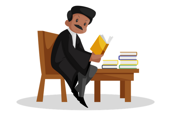 Advogado indiano está sentado na cadeira e lendo livros de direito  Illustration