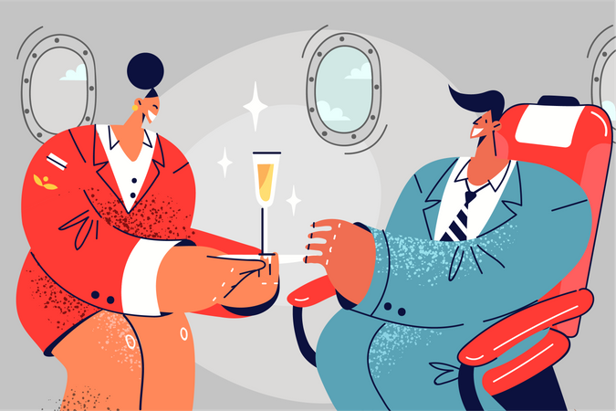 Aeromoça dá copo de bebida ao passageiro do sexo masculino  Ilustração