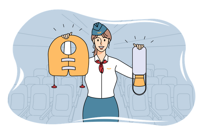 Comissária de bordo feminina explicando precauções de emergência  Ilustração