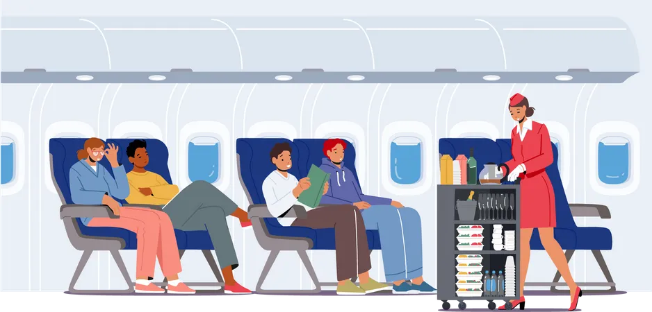 Aeromoça servindo comida aos passageiros  Ilustração