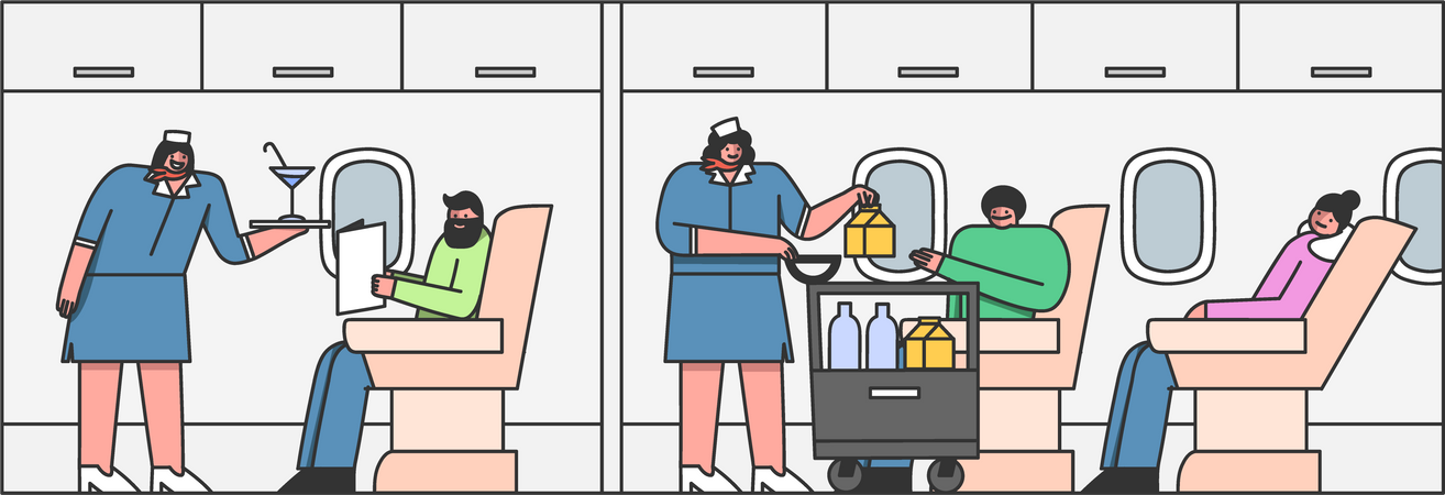 Aeromoça servindo comida e bebidas no avião  Ilustração