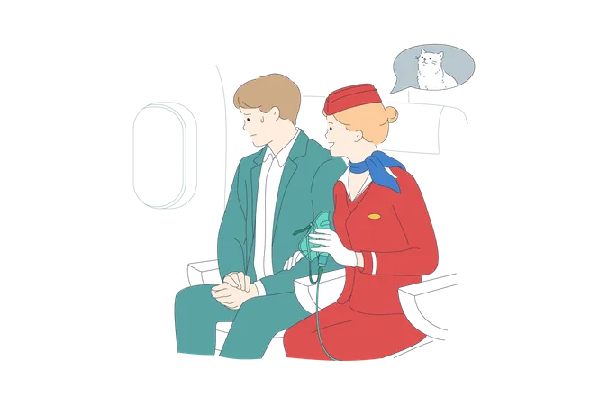 Aerophobia And Psychological Trouble In Plane Concept Young Scared Man Cartoon Character Sitting Looking At Window During Flight With Stewardess Meaning His Blood Pressure Vector Illustration Illustration