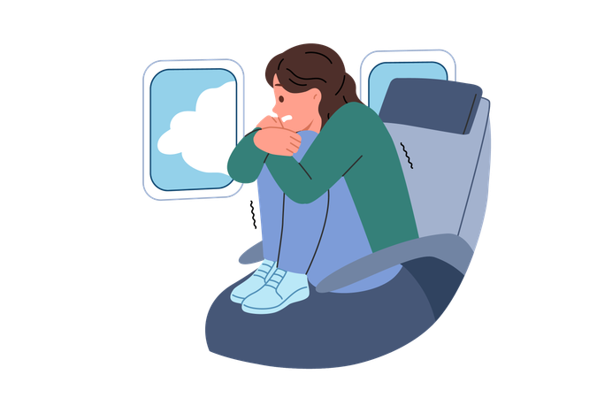 Aerophobia faced by woman while  flying in airplane  Illustration