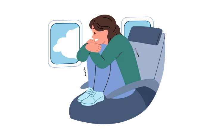 Aerophobia faced by woman while  flying in airplane  Illustration